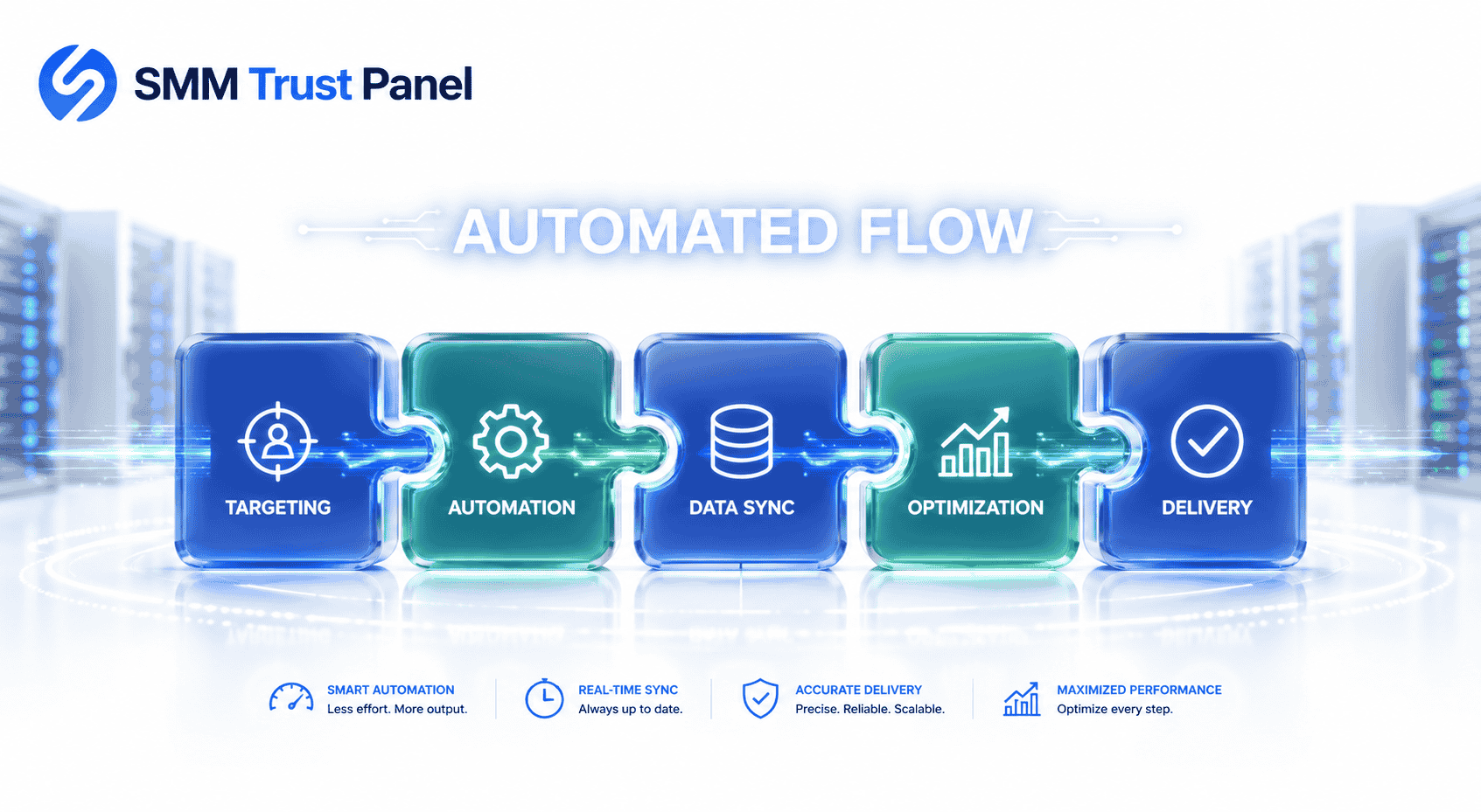 Automated workflow synchronization concept featuring interconnected data modules, real-time data flow, enterprise automation systems, optimization processes, and seamless delivery infrastructure with SMM Trust Panel branding on a clean white background.