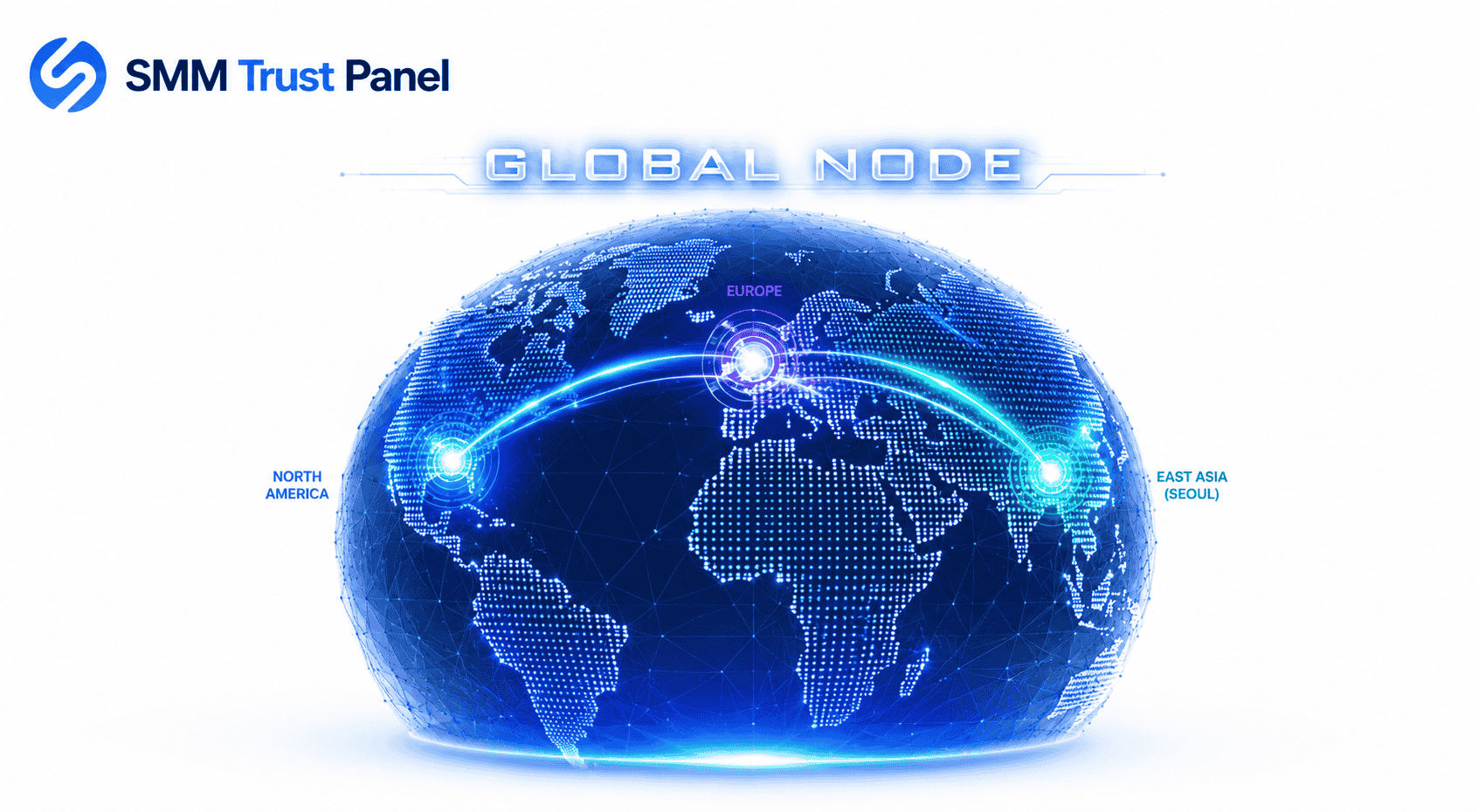 Global node network visualization featuring a futuristic data globe with interconnected hubs across North America, Europe, and East Asia, high-speed data transfer pathways, advanced enterprise networking infrastructure, and SMM Trust Panel branding on a clean white background.