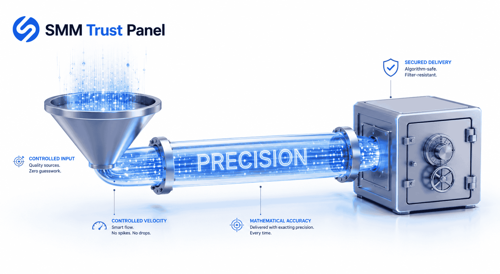 Precision data delivery concept featuring a transparent pipeline carrying controlled data streams from a secure input funnel into a protected digital vault, symbolizing accuracy, reliability, controlled velocity, and enterprise-grade infrastructure with SMM Trust Panel branding on a clean white background.