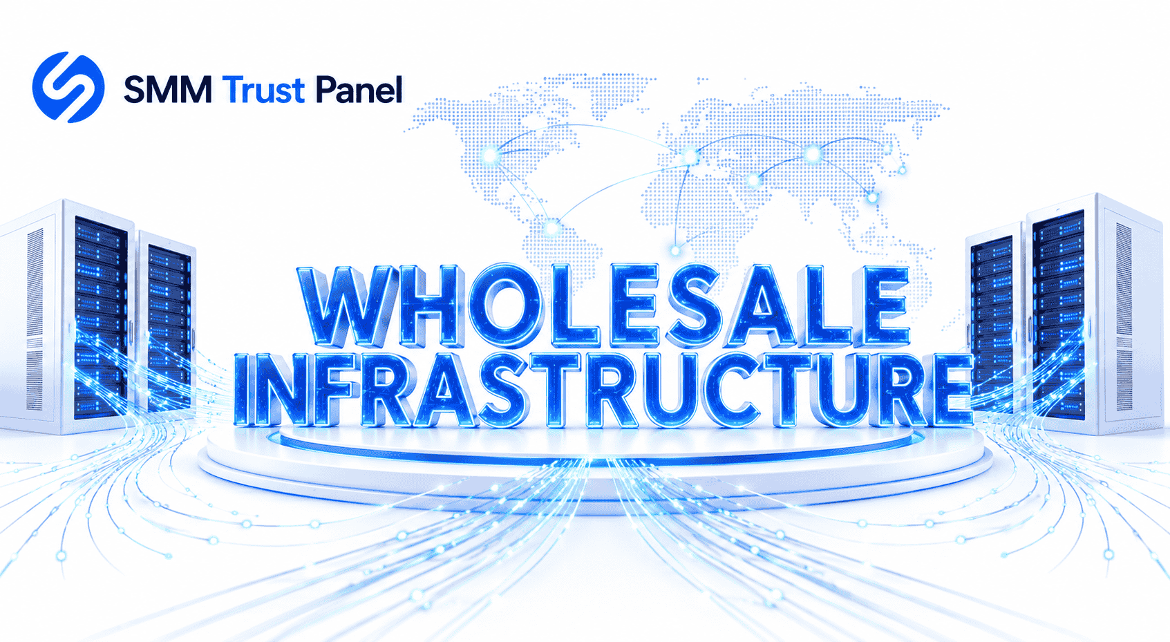 Wholesale infrastructure concept showing enterprise server architecture, global data distribution networks, fiber optic data streams, and institutional-grade digital marketing infrastructure with SMM Trust Panel branding on a clean white background.